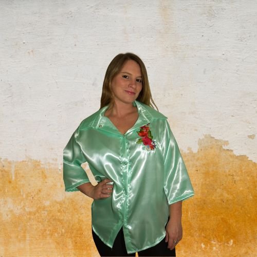 Camisa raso bordado verde agua